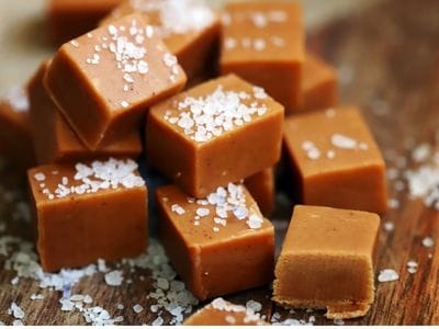 Sticky toffees and caramel plate of sugar coated fudge